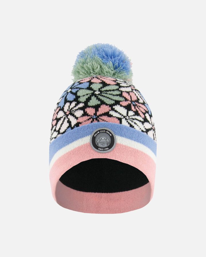 DEUX PAR DEUX - Bonnet en tricot fleurs rétro bleu, rose et blanc