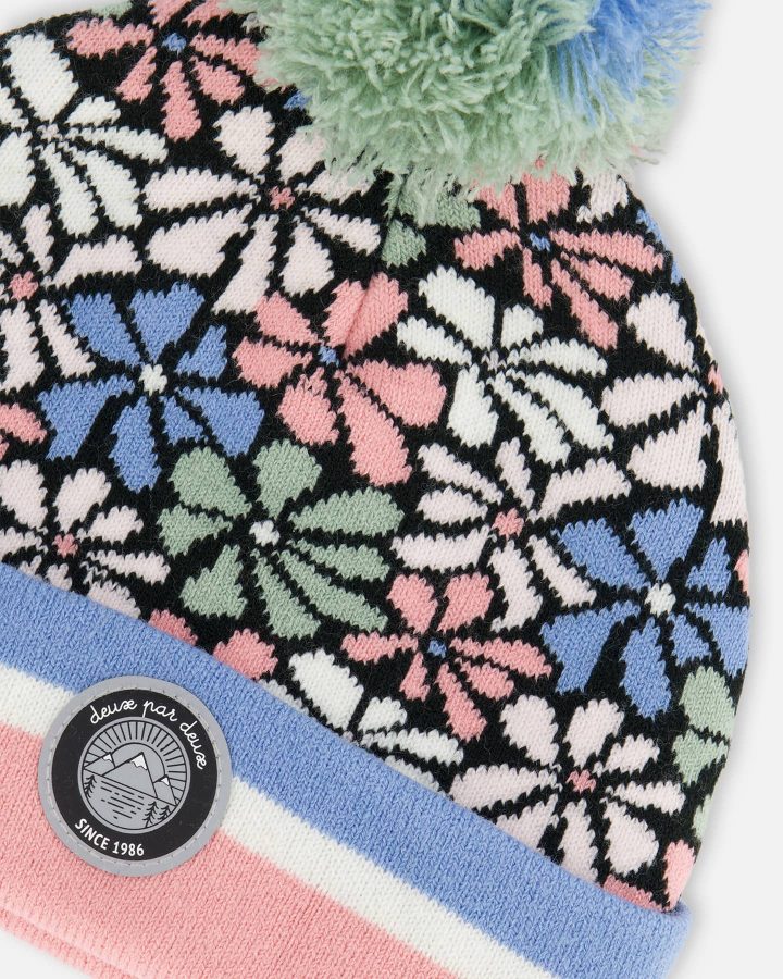 DEUX PAR DEUX - Bonnet en tricot fleurs rétro bleu, rose et blanc – Image 3