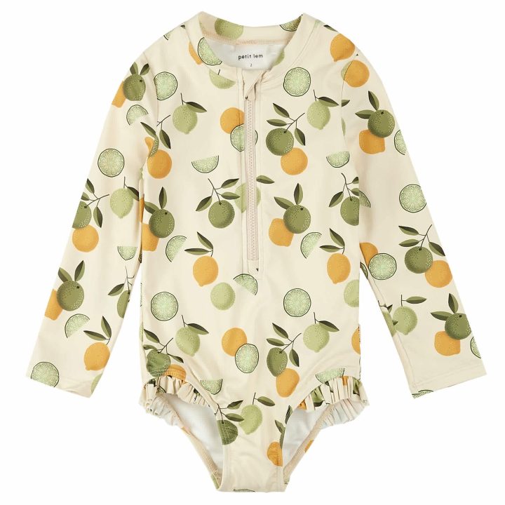 PETIT LEM - Maillot de bain manches longues crème à imprimés