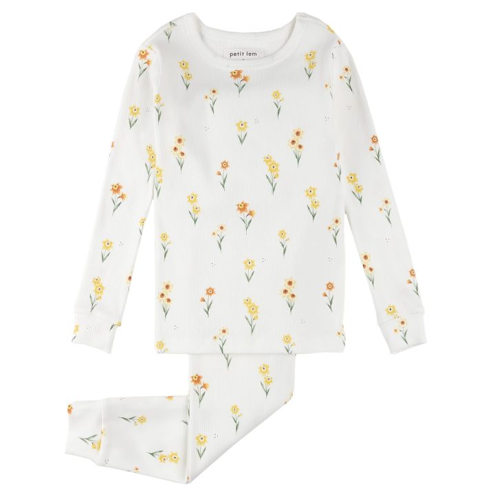 PETIT LEM - Ensemble pyjama côtelé blanc à imprimés jonquilles