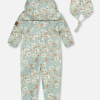 DEUX PAR DEUX - Combinaison mi-saison imprimée pour bébé avec bonnet petites fleurs blanches sur turquoise et lilas – Image 4